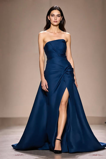 Dark Blue A Line Strapless Ruched Long Formal Dress with Slit